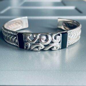 Vintage Filigree Ornate Onyx Sterling Silver Braided Dotted Cuff Bracelet
